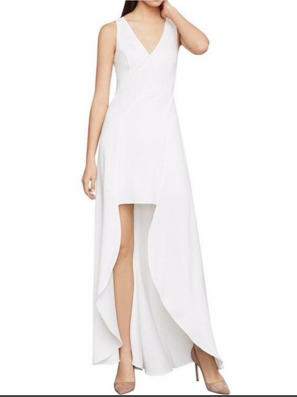 BCBGMaxAzria White Sleeveless V-Neck High-Low Dress